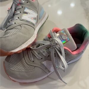 New Balance Kids Gray Sneakers with Pink and Blue Accents
